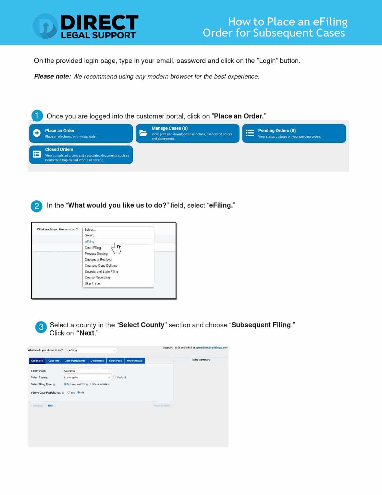 How to place a California e-filing order for subsequent cases.